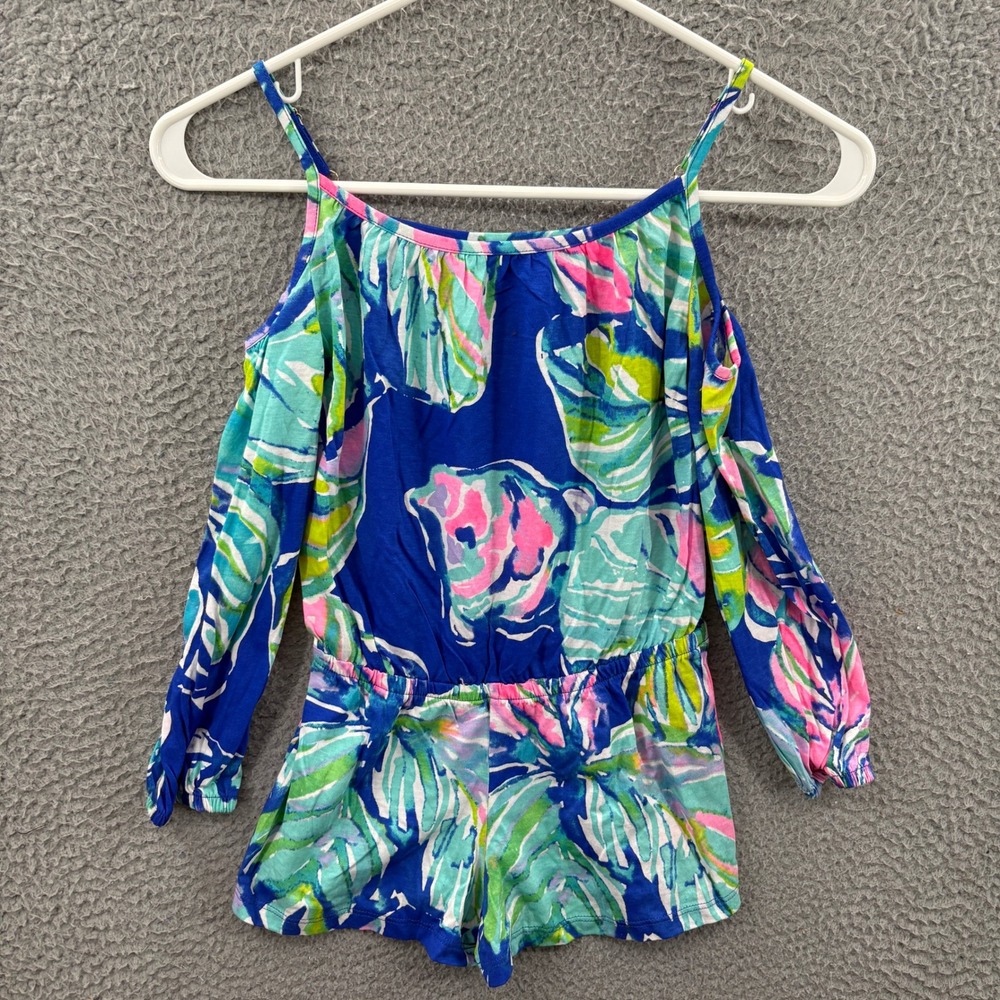 Lilly Pulitzer Romper Girls L Blue Flower Tropical Print Cold Shoulder Cotton